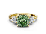 Yellow gold Fancy Green Cushion Cut Brilliant Three-Stone Diamond Ring with Pavé Band and Four-Prong Setting_3