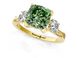 Yellow gold Fancy Green Cushion Cut Brilliant Three-Stone Diamond Ring with Pavé Band and Four-Prong Setting_4