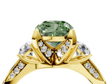 Yellow gold Fancy Green Cushion Cut Brilliant Three-Stone Diamond Ring with Pavé Band and Four-Prong Setting_7