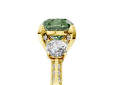 Yellow gold Fancy Green Cushion Cut Brilliant Three-Stone Diamond Ring with Pavé Band and Four-Prong Setting_8