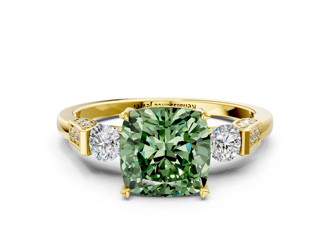 Yellow gold Fancy Green Cushion Cut Brilliant Three-Stone Pave Band with Four-Prong Setting