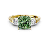 Yellow gold Fancy Green Cushion Cut Brilliant Three-Stone Pave Band with Four-Prong Setting