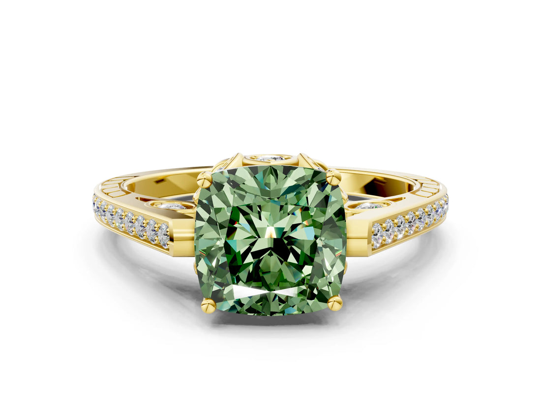 Yellow gold Fancy Green Cushion  Cut Cathedral Pave Diamond Engagement Ring with Six-Prong Setting_33