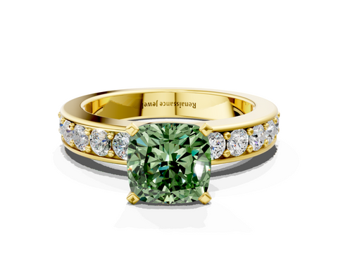 Yellow gold Fancy Green Cushion  Cut Channel Set Diamond Engagement Ring with Four-Prong Setting_240
