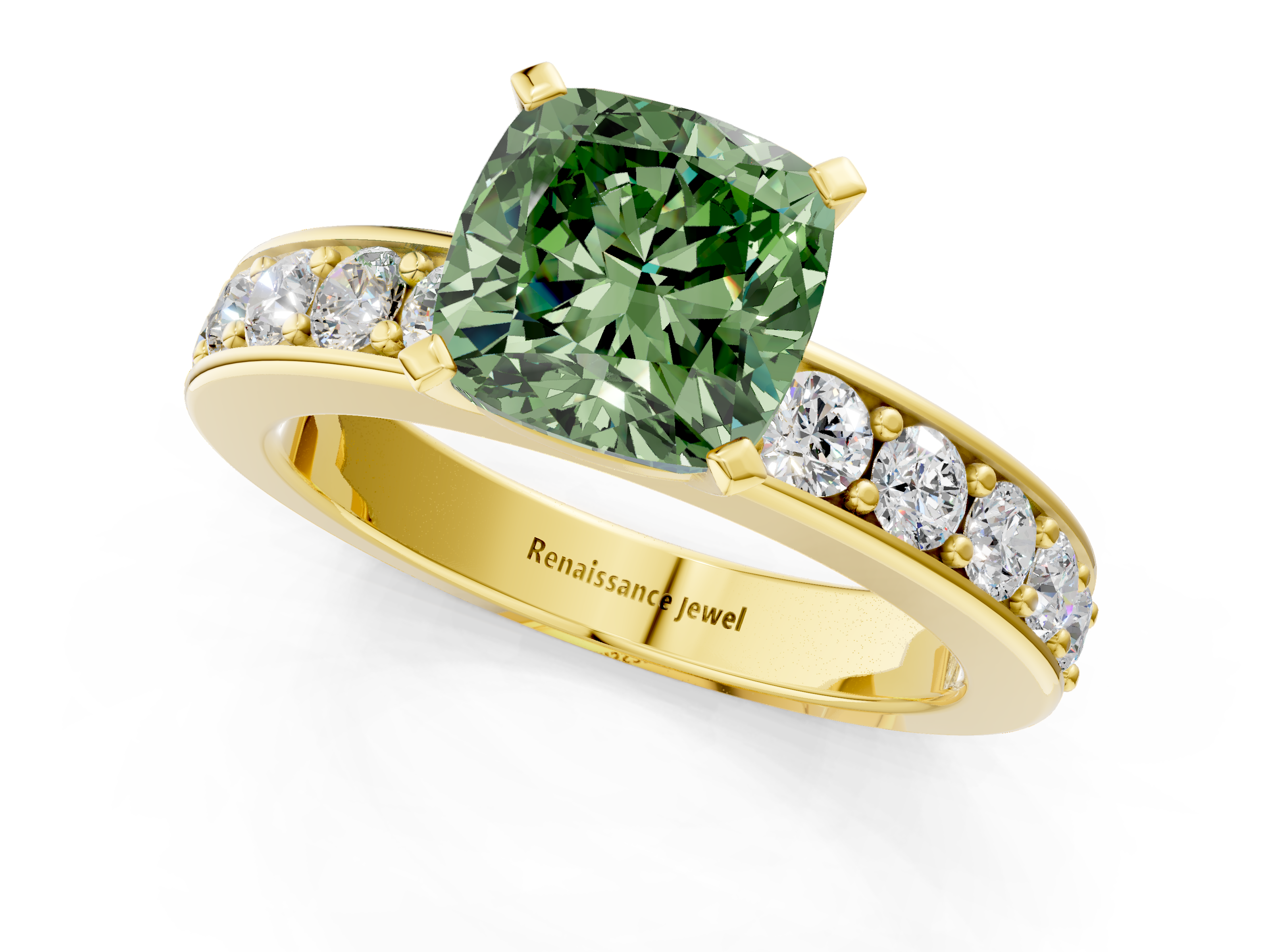 Yellow gold Fancy Green Cushion  Cut Channel Set Diamond Engagement Ring with Four-Prong Setting_241