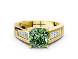 Yellow gold Fancy Green Cushion Cut Cut Channel Set Solitaire Ring with Four-Prong Setting
