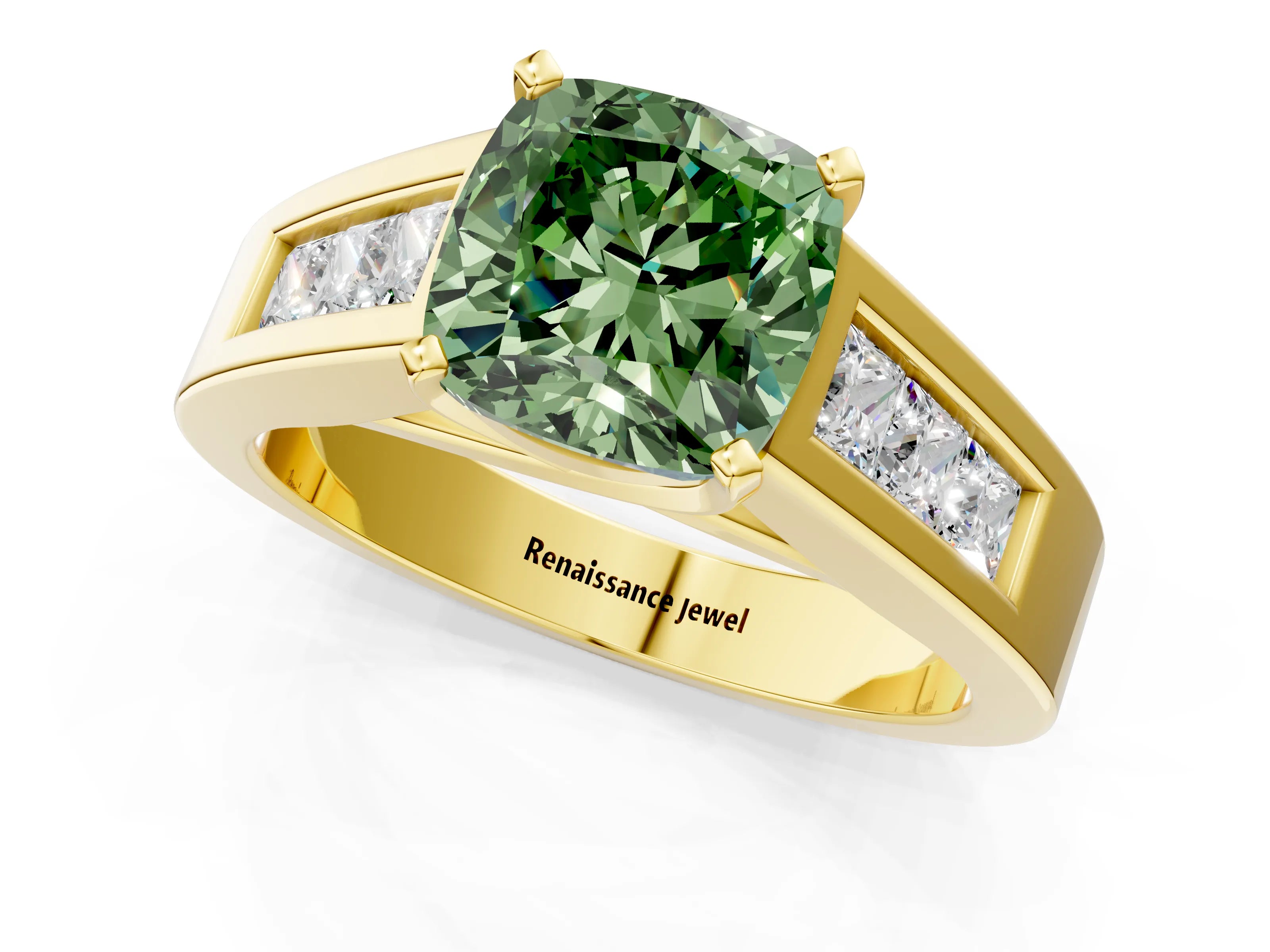 Yellow gold Fancy Green Cushion Cut Cut Channel Set Solitaire Ring with Four-Prong Setting_1