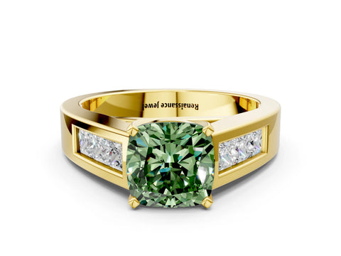 Yellow gold Fancy Green Cushion Cut Cut Channel Set Solitaire Ring with Four-Prong Setting