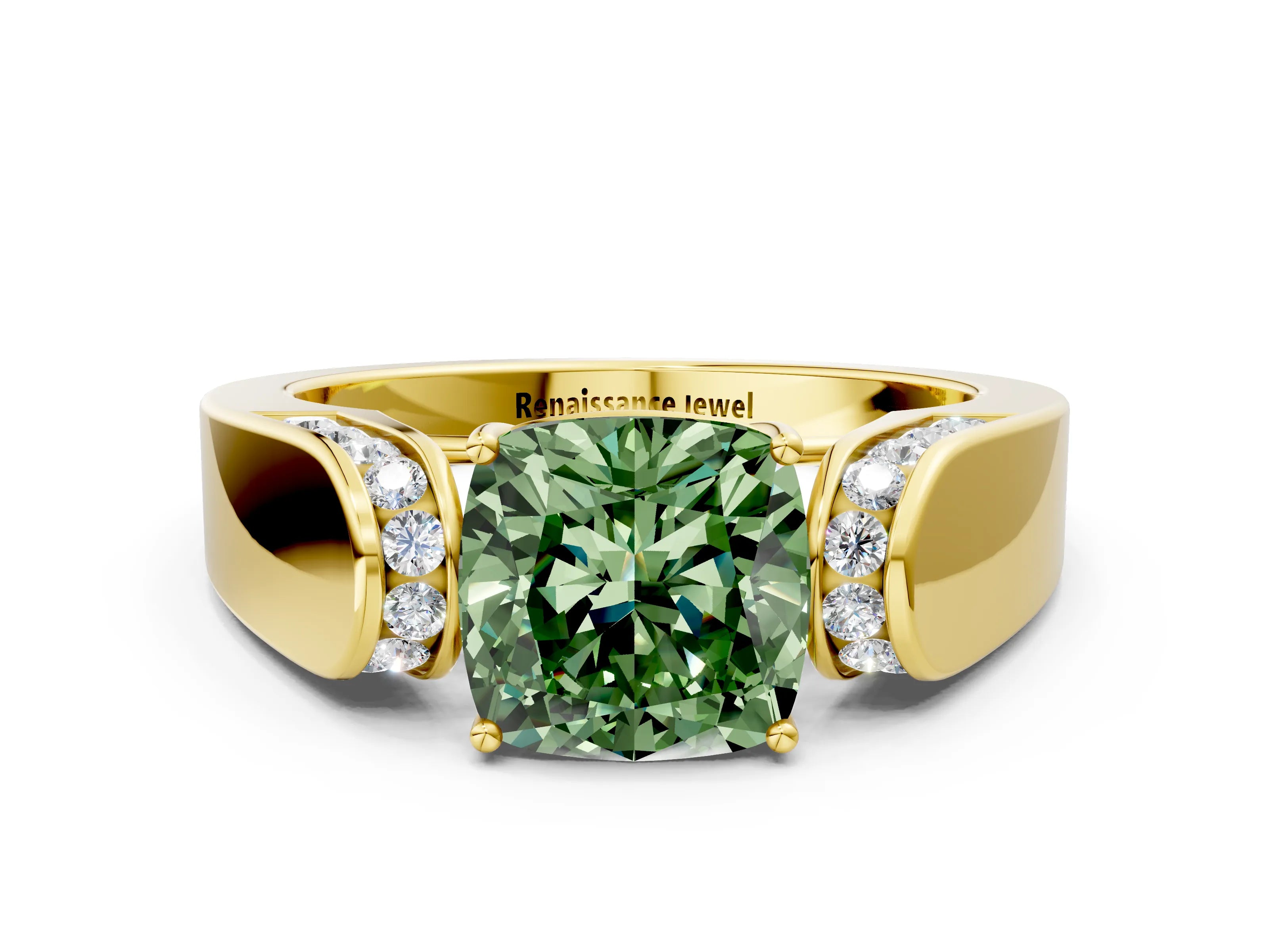 Yellow gold Fancy Green Cushion Cut Cut Diamond Channel Set Solitaire Ring with Four-Prong Setting