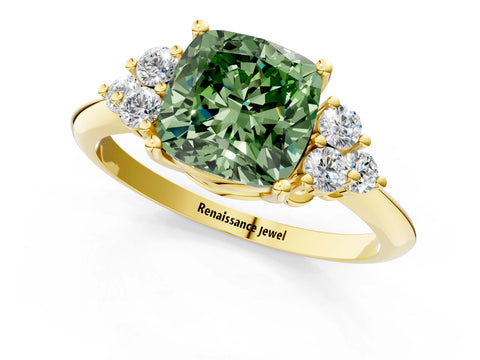 Yellow gold Fancy Green Cushion Cut Cut Diamond Cluster Ring with Solitaire Band and Four-Prong Setting_1