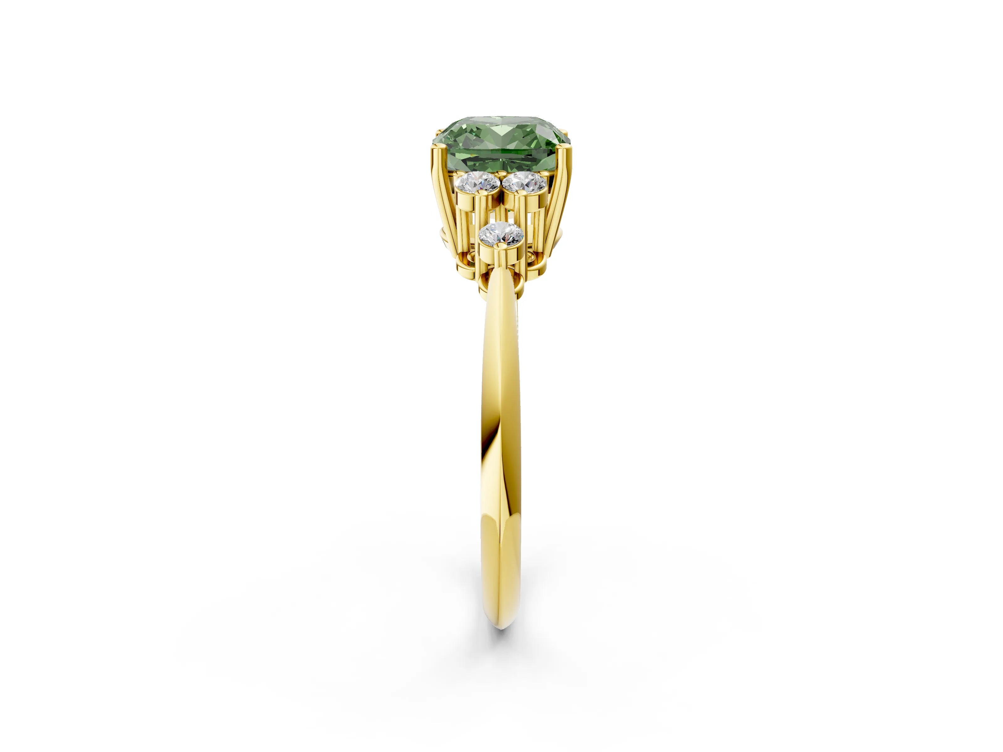 Yellow gold Fancy Green Cushion Cut Cut Diamond Cluster Ring with Solitaire Band and Four-Prong Setting_2