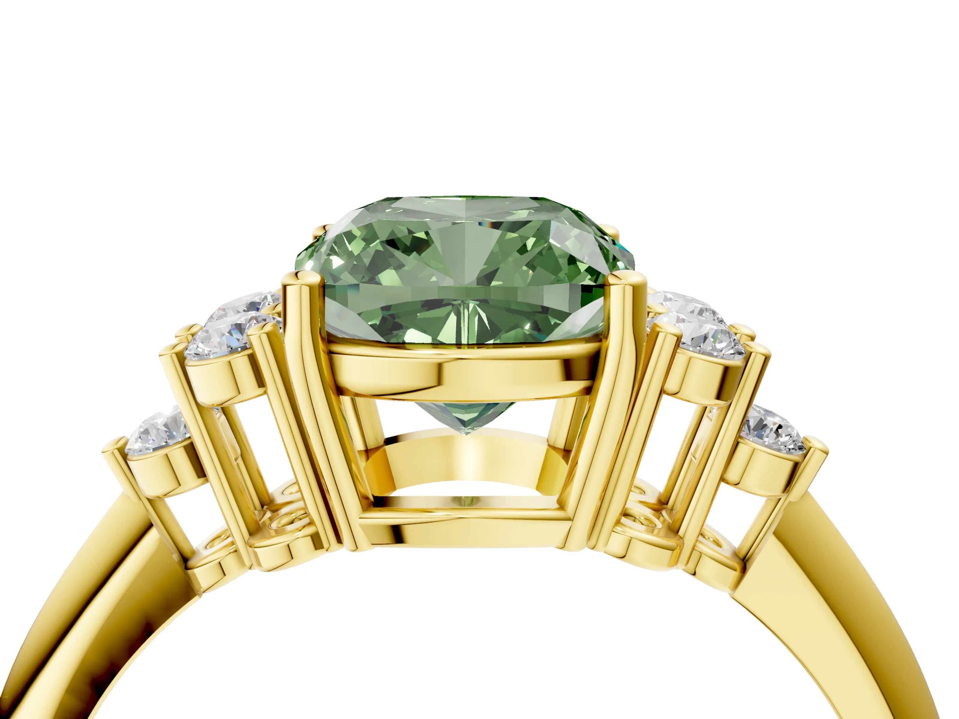 Yellow gold Fancy Green Cushion Cut Cut Diamond Cluster Ring with Solitaire Band and Four-Prong Setting_4