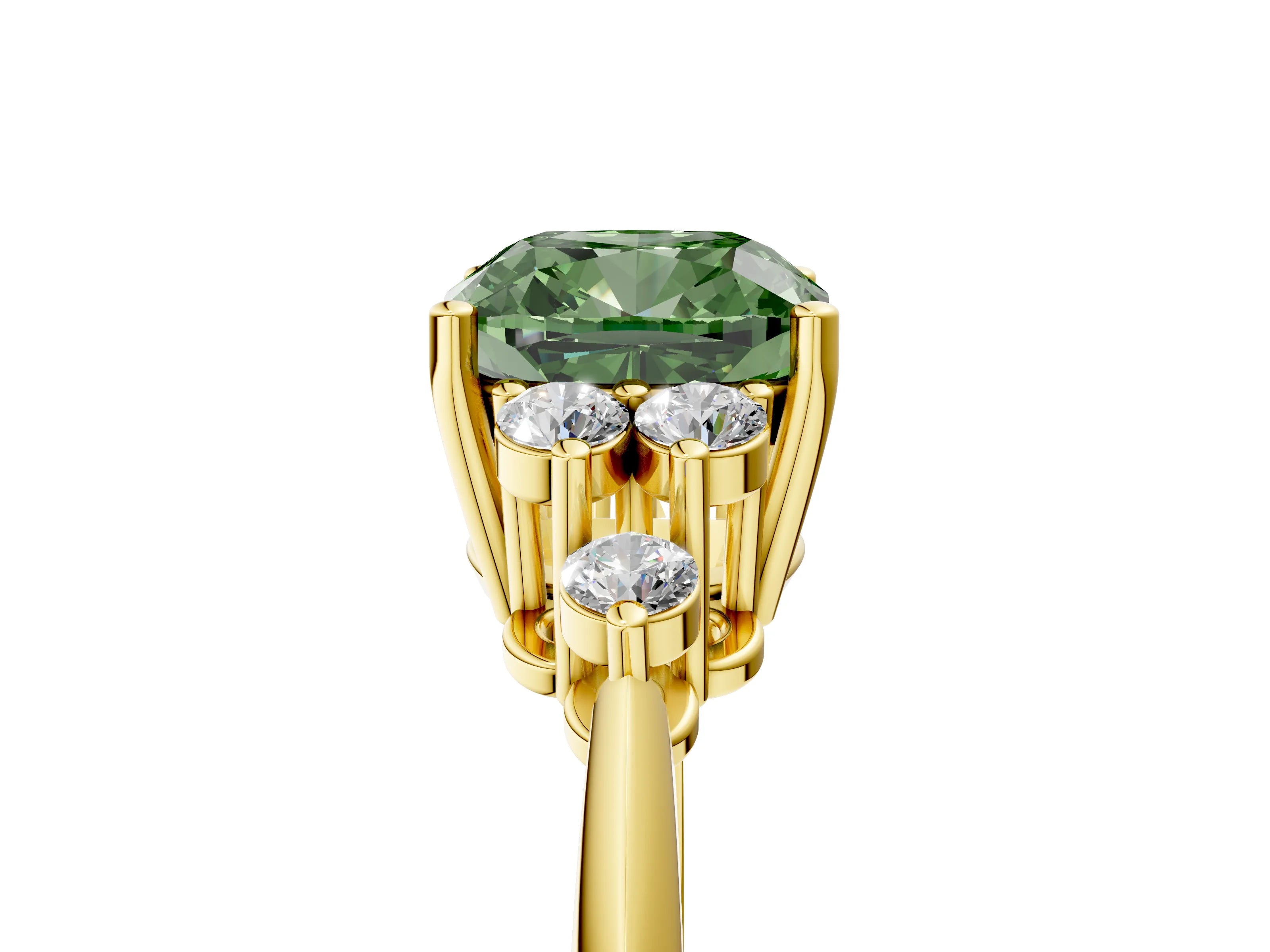 Yellow gold Fancy Green Cushion Cut Cut Diamond Cluster Ring with Solitaire Band and Four-Prong Setting_5