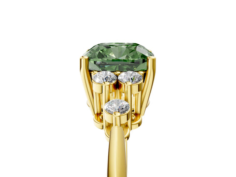 Yellow gold Fancy Green Cushion Cut Cut Diamond Cluster Ring with Solitaire Band and Four-Prong Setting_5