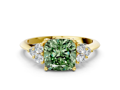 Yellow gold Fancy Green Cushion Cut Cut Diamond Cluster Ring with Solitaire Band and Four-Prong Setting
