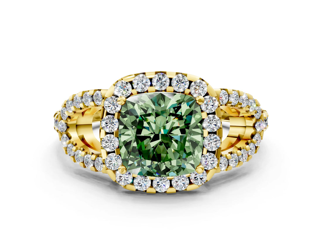 Yellow gold Fancy Green Cushion Cut Cut Diamond Halo Engagement Ring with Open Split Pavé Band