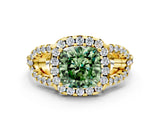 Yellow gold Fancy Green Cushion Cut Cut Diamond Halo Engagement Ring with Open Split Pavé Band