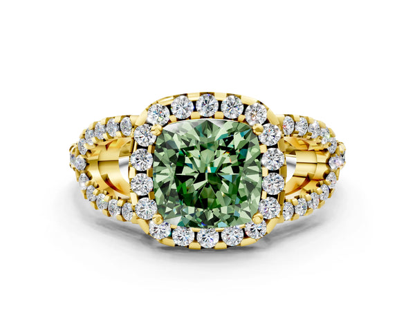 Yellow Gold Cushion Cut Split Shank Pave Halo Engagement Ring Setting for Fancy Green Center