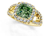 Yellow gold Fancy Green Cushion Cut Cut Diamond Halo Engagement Ring with Open Split Pavé Band_1
