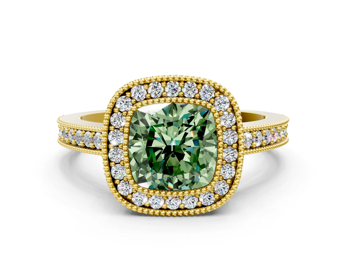 Yellow gold Fancy Green Cushion Cut-Cut Diamond Halo Engagement Ring with Pave Band and Prong Setting