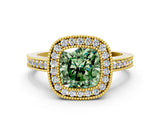 Yellow gold Fancy Green Cushion Cut-Cut Diamond Halo Engagement Ring with Pave Band and Prong Setting