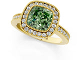 Yellow gold Fancy Green Cushion Cut-Cut Diamond Halo Engagement Ring with Pave Band and Prong Setting_1