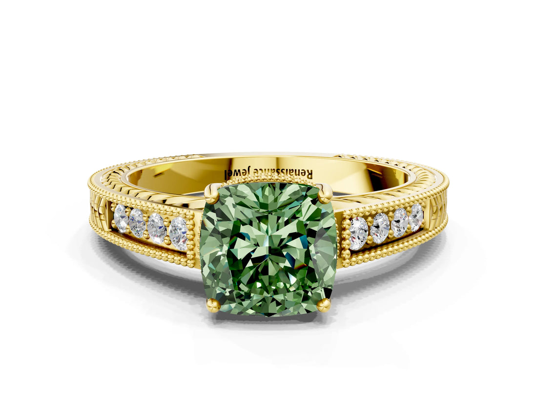 Yellow gold Fancy Green Cushion Cut Cut Diamond Milgrain Pave Band Four-Prong Setting Ring_3