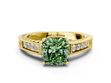Yellow gold Fancy Green Cushion Cut Cut Diamond Milgrain Pave Band Four-Prong Setting Ring_3