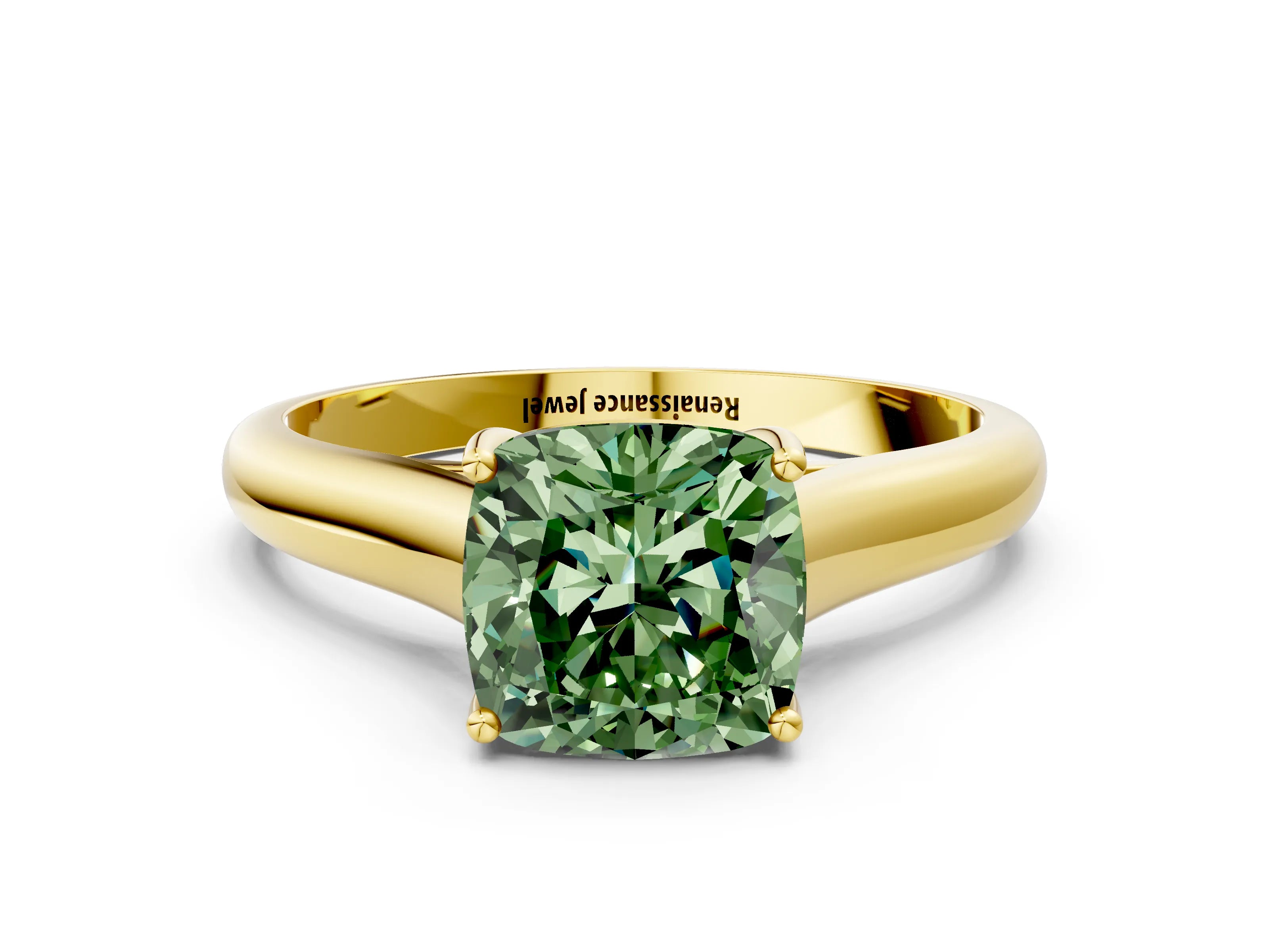 Yellow gold Fancy Green Cushion Cut Cut Diamond Solitaire Engagement Ring with Tapered Plain Band and Four-Prong Setting