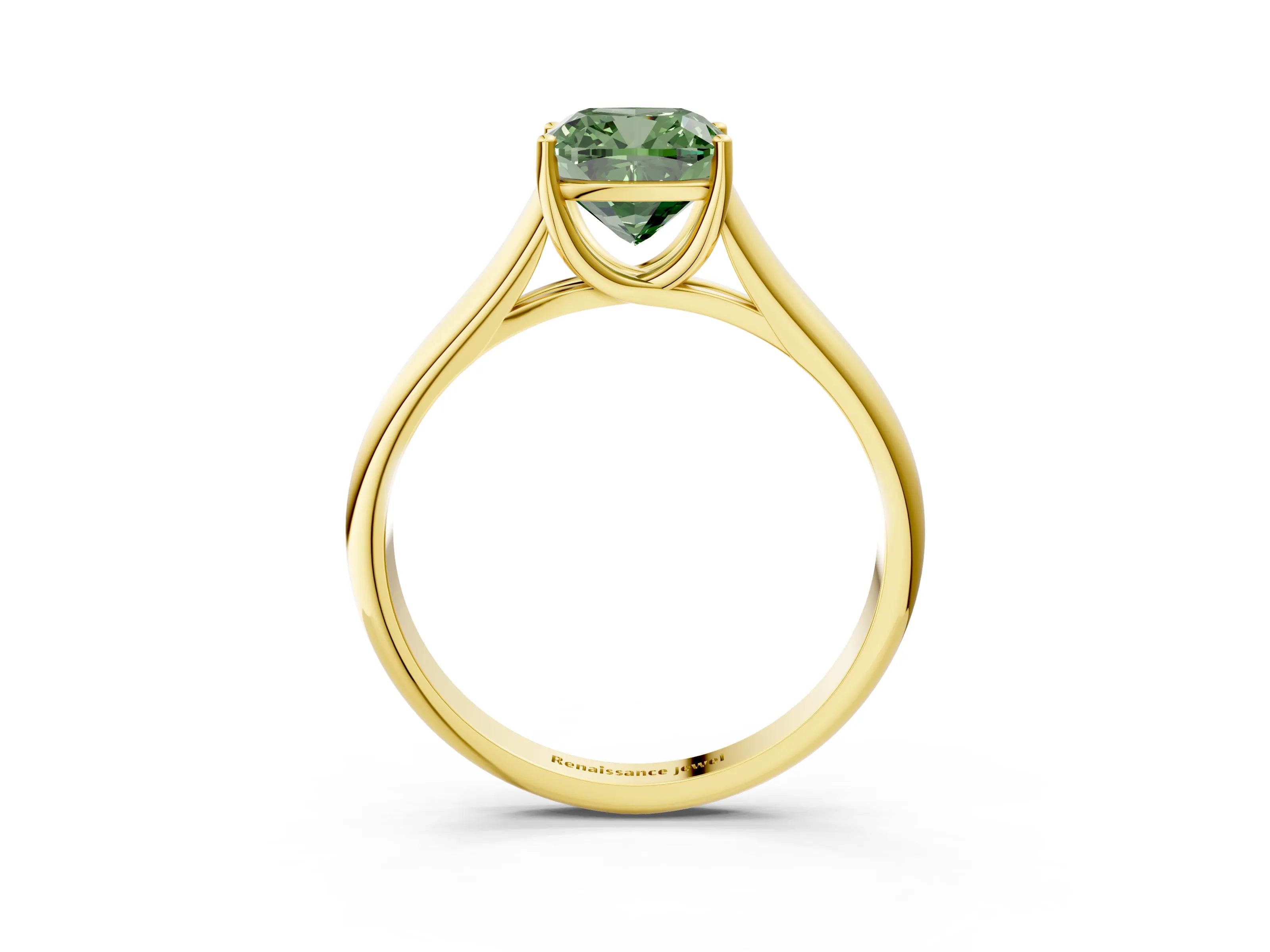 Yellow gold Fancy Green Cushion Cut Cut Diamond Solitaire Engagement Ring with Tapered Plain Band and Four-Prong Setting_3