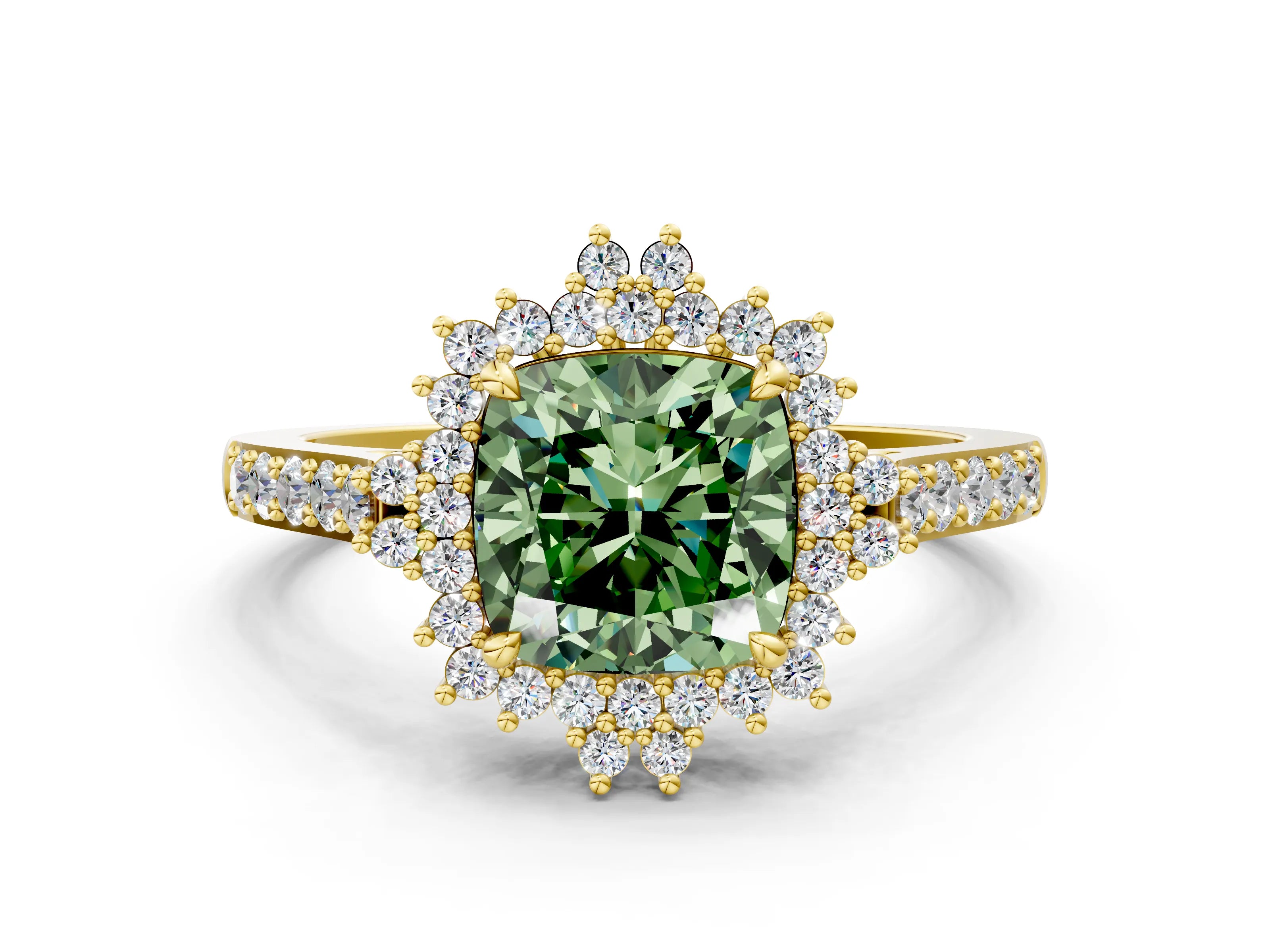 Yellow gold Fancy Green Cushion Cut Cut Diamond Sunburst Halo Engagement Ring with Pavé Band