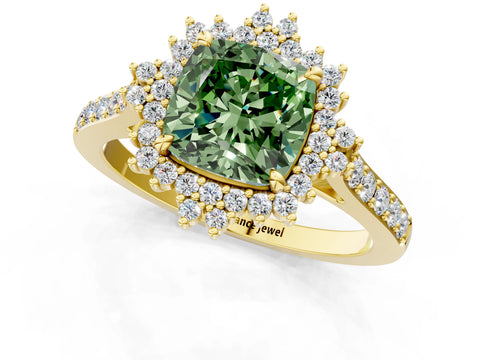 Yellow gold Fancy Green Cushion Cut Cut Diamond Sunburst Halo Engagement Ring with Pavé Band_1