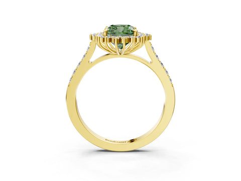 Yellow gold Fancy Green Cushion Cut Cut Diamond Sunburst Halo Engagement Ring with Pavé Band_3