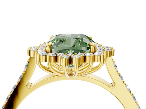 Yellow gold Fancy Green Cushion Cut Cut Diamond Sunburst Halo Engagement Ring with Pavé Band_4