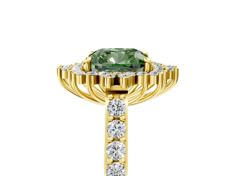Yellow gold Fancy Green Cushion Cut Cut Diamond Sunburst Halo Engagement Ring with Pavé Band_5