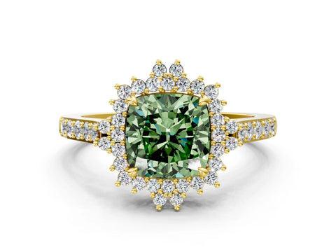 Yellow gold Fancy Green Cushion Cut Cut Diamond Sunburst Halo Engagement Ring with Pavé Band