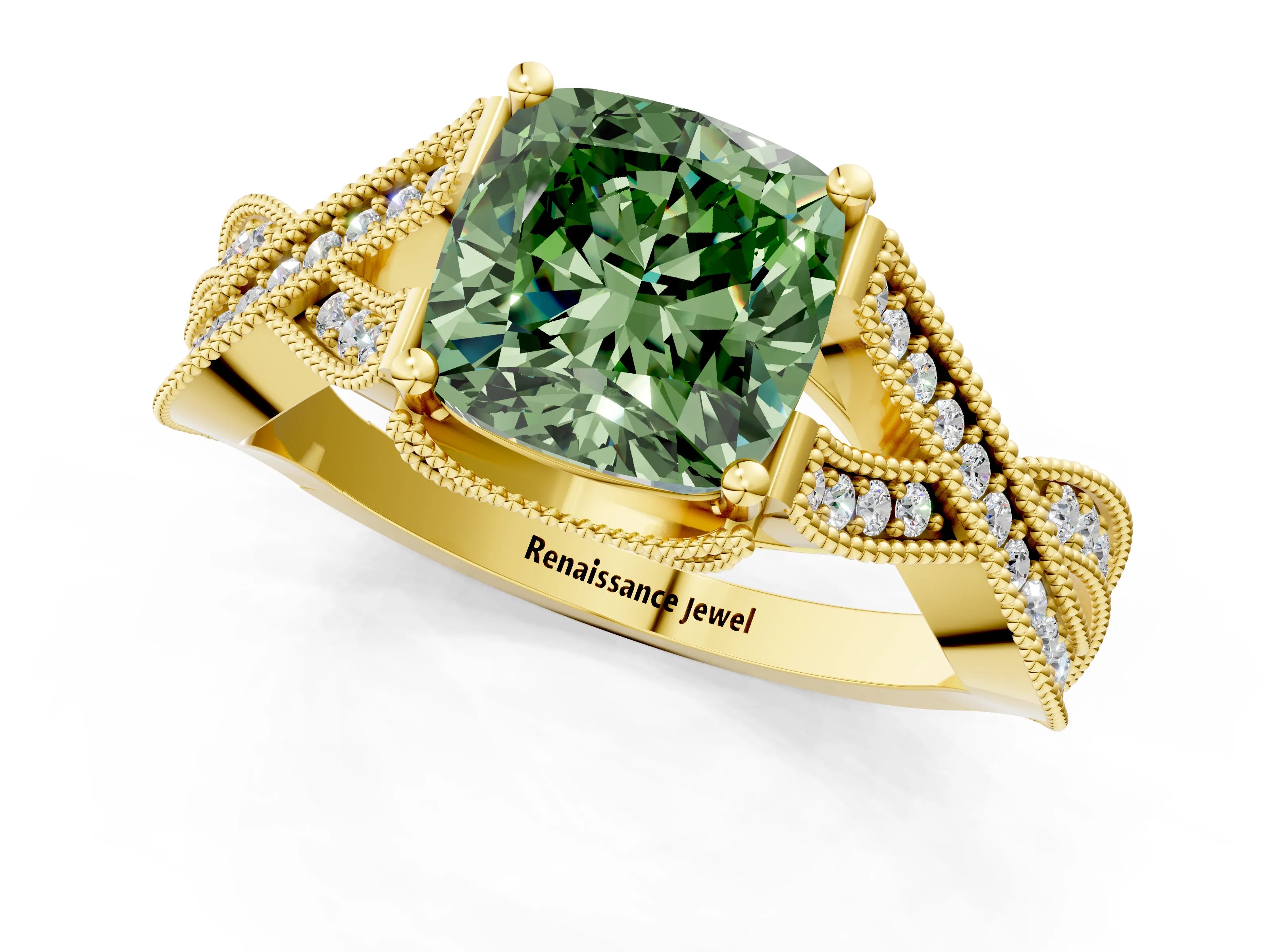 Yellow gold Fancy Green Cushion Cut Cut Diamond Twisted Band with Milgrain Pave Setting and Four-Prong Setting_1