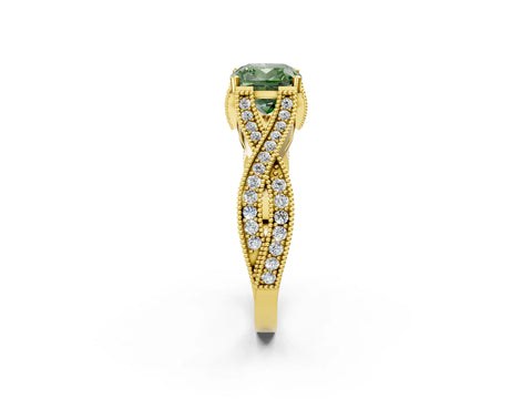 Yellow gold Fancy Green Cushion Cut Cut Diamond Twisted Band with Milgrain Pave Setting and Four-Prong Setting_2