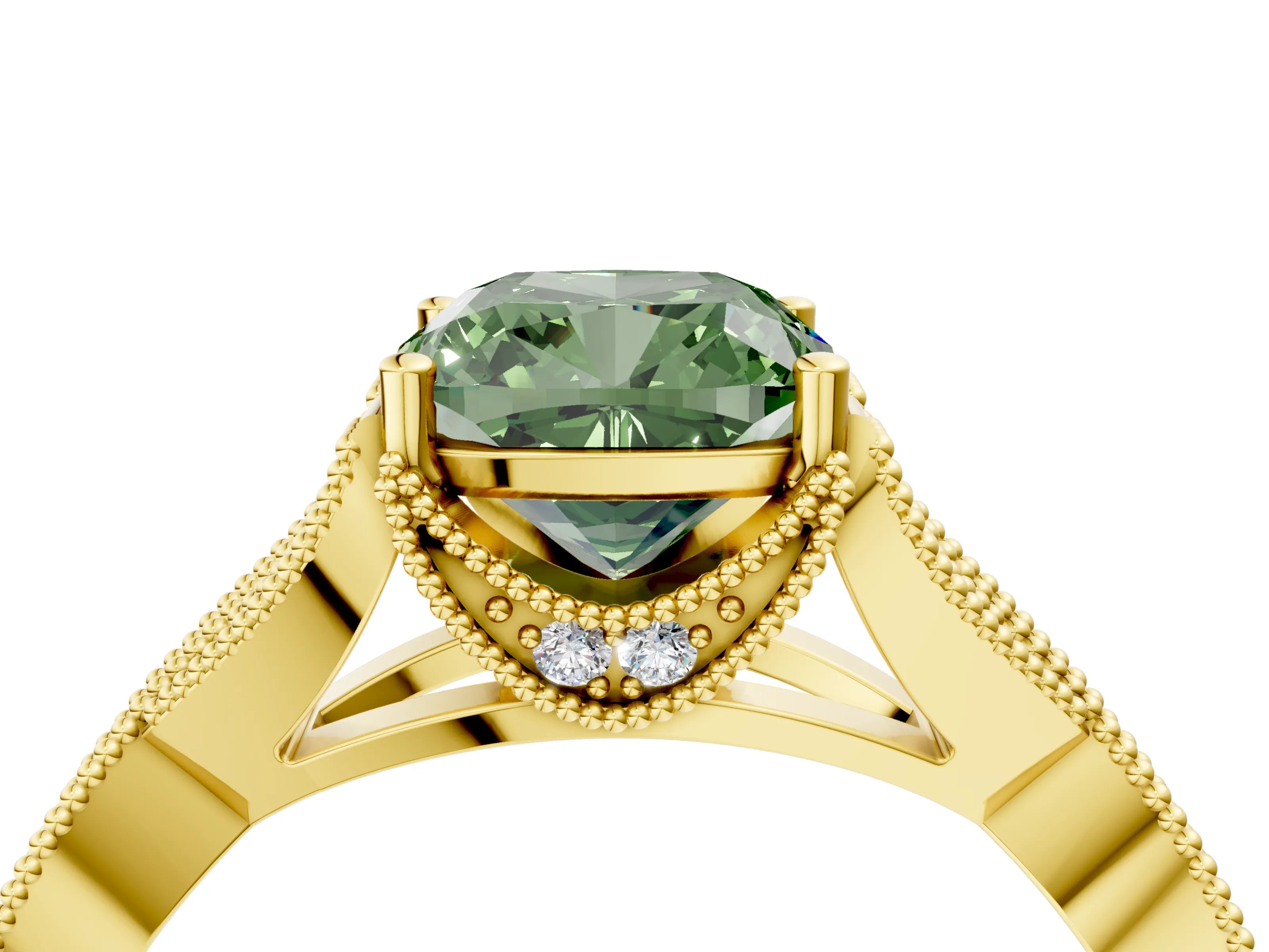 Yellow gold Fancy Green Cushion Cut Cut Diamond Twisted Band with Milgrain Pave Setting and Four-Prong Setting_4