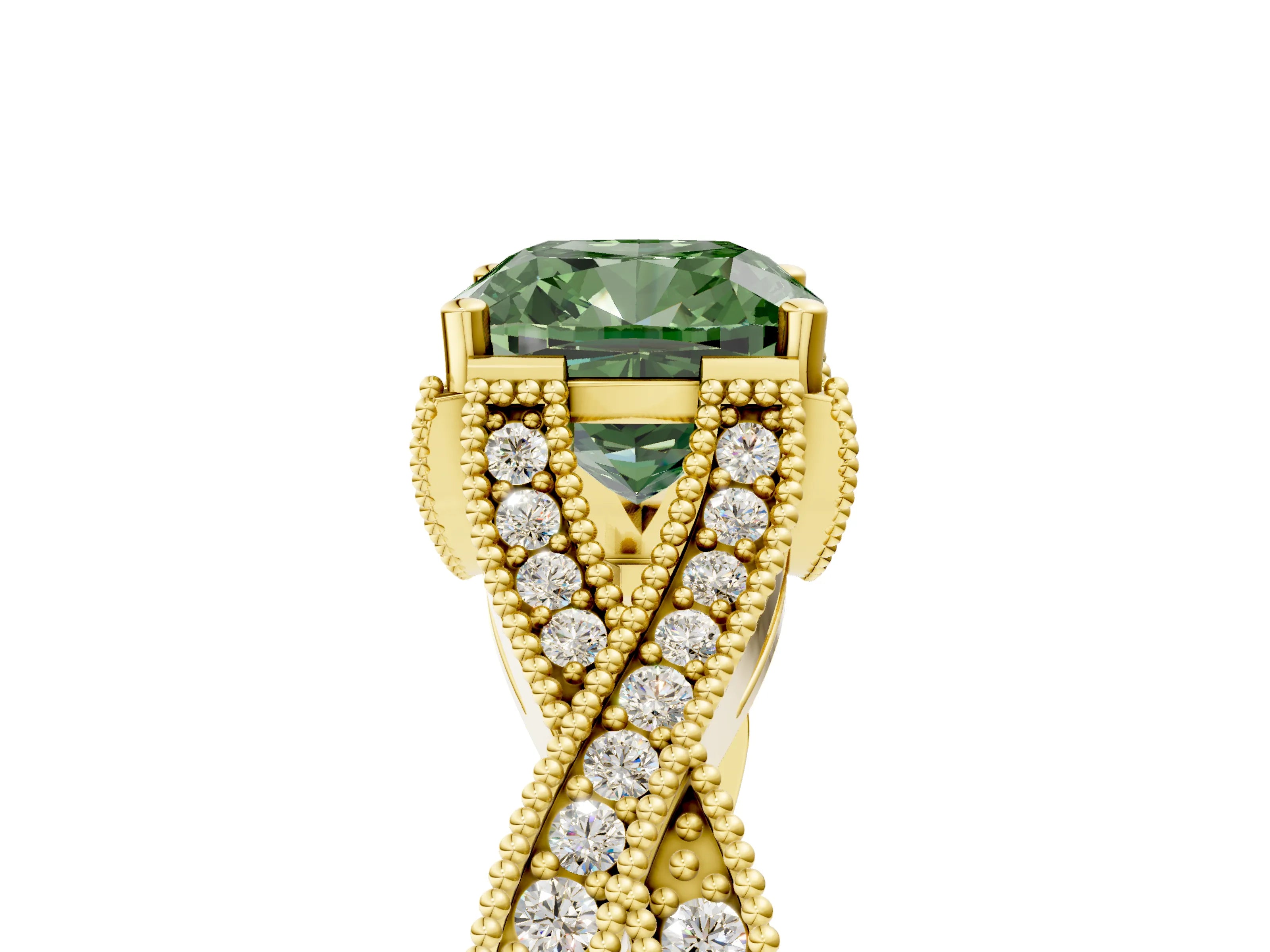 Yellow gold Fancy Green Cushion Cut Cut Diamond Twisted Band with Milgrain Pave Setting and Four-Prong Setting_5