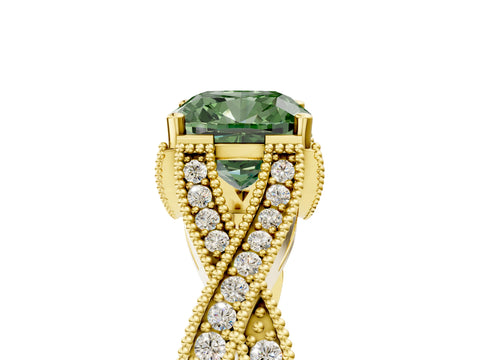 Yellow gold Fancy Green Cushion Cut Cut Diamond Twisted Band with Milgrain Pave Setting and Four-Prong Setting_5