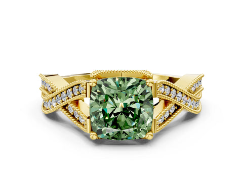 Yellow gold Fancy Green Cushion Cut Cut Diamond Twisted Band with Milgrain Pave Setting and Four-Prong Setting