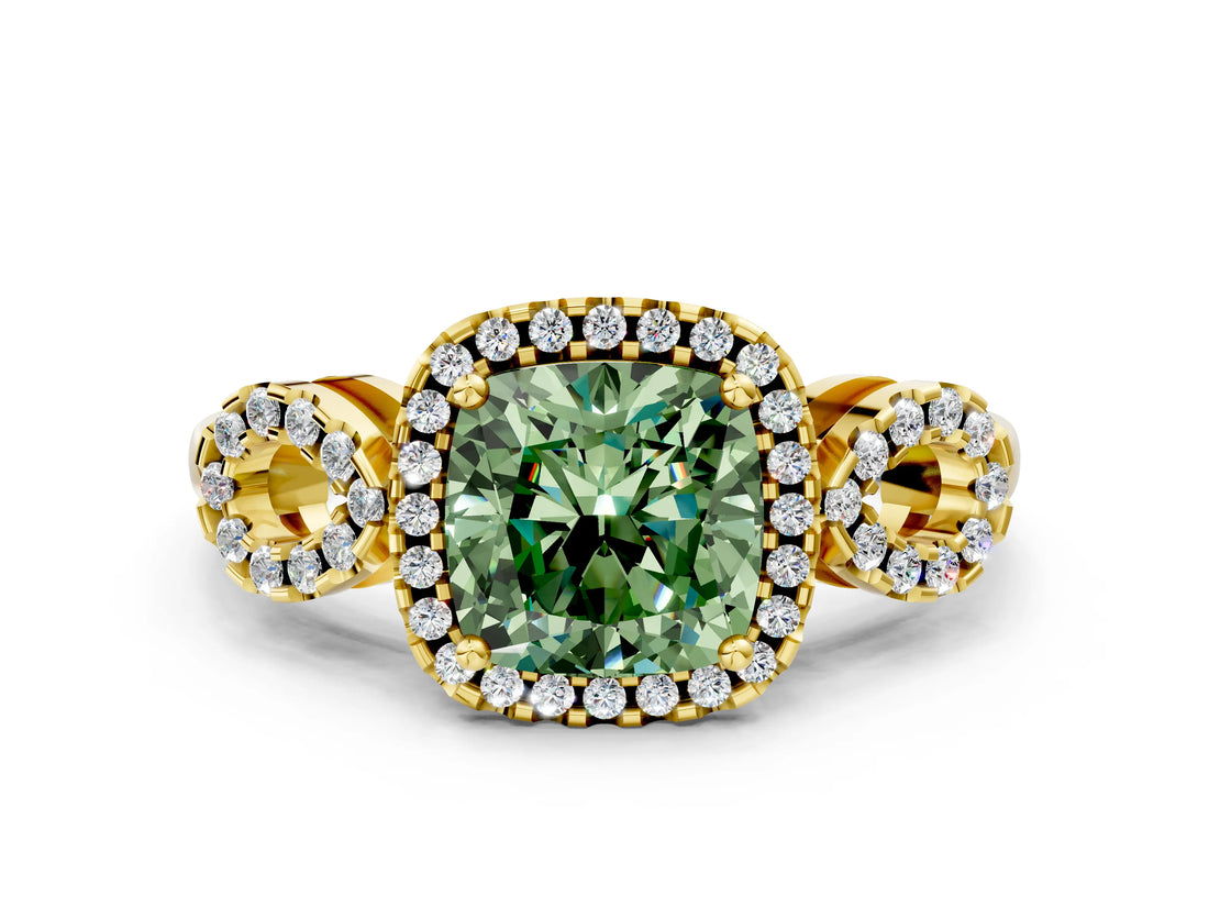 Yellow gold Fancy Green Cushion Cut Cut Halo Diamond Infinity Band with Four-Prong Setting