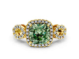 Yellow gold Fancy Green Cushion Cut Cut Halo Diamond Infinity Band with Four-Prong Setting
