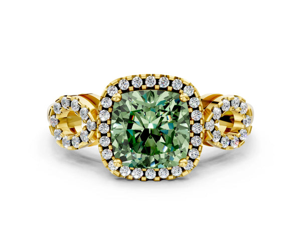 Yellow Gold Cushion Cut Pave Infinity Halo Engagement Ring Setting for Fancy Green Center