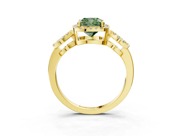 Yellow Gold Cushion Cut Pave Infinity Halo Engagement Ring Setting for Fancy Green Center