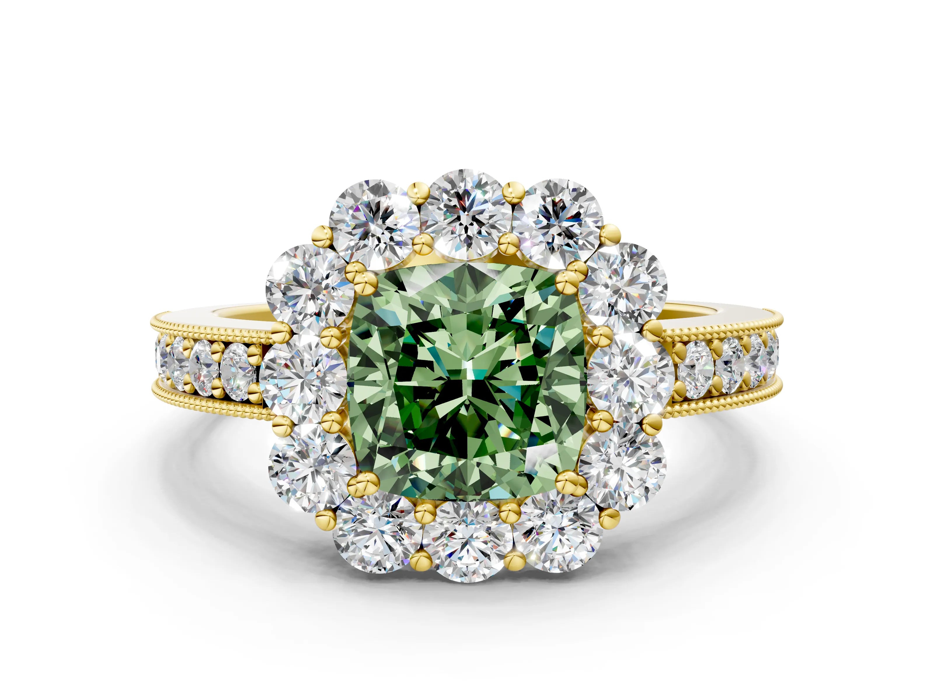 Yellow gold Fancy Green Cushion Cut Cut Halo Diamond Pavé Engagement Ring with Milgrain Detailing