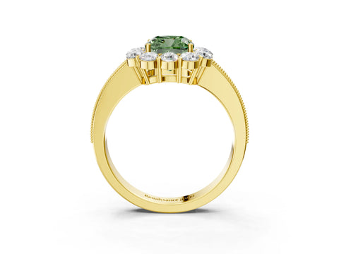Yellow gold Fancy Green Cushion Cut Cut Halo Diamond Pavé Engagement Ring with Milgrain Detailing_3