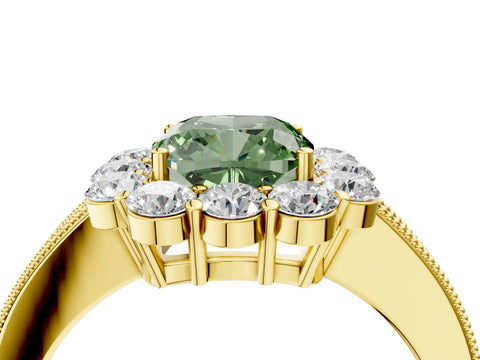 Yellow gold Fancy Green Cushion Cut Cut Halo Diamond Pavé Engagement Ring with Milgrain Detailing_4