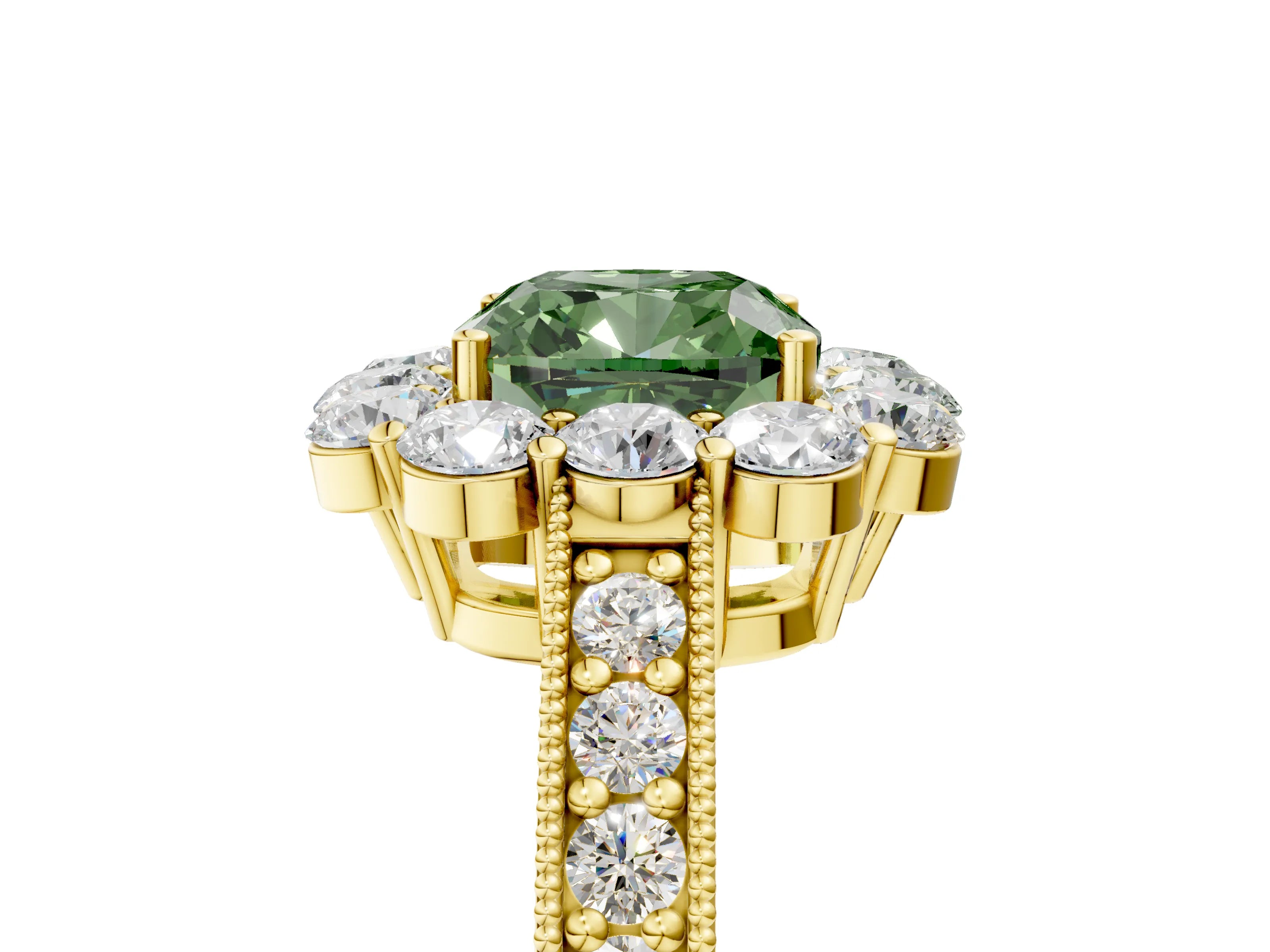 Yellow gold Fancy Green Cushion Cut Cut Halo Diamond Pavé Engagement Ring with Milgrain Detailing_5